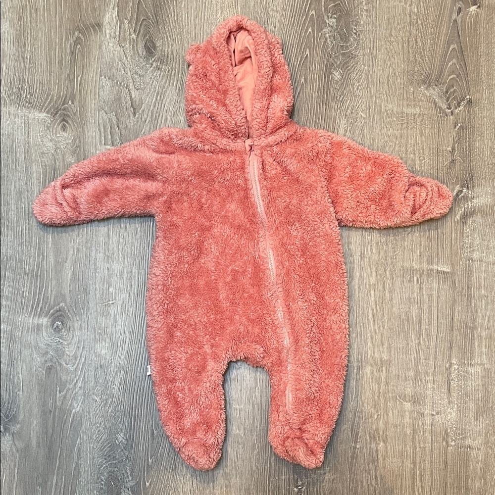 Cozy Pink Fleece Baby Bunting with Bear Ears - Size ~9-12M